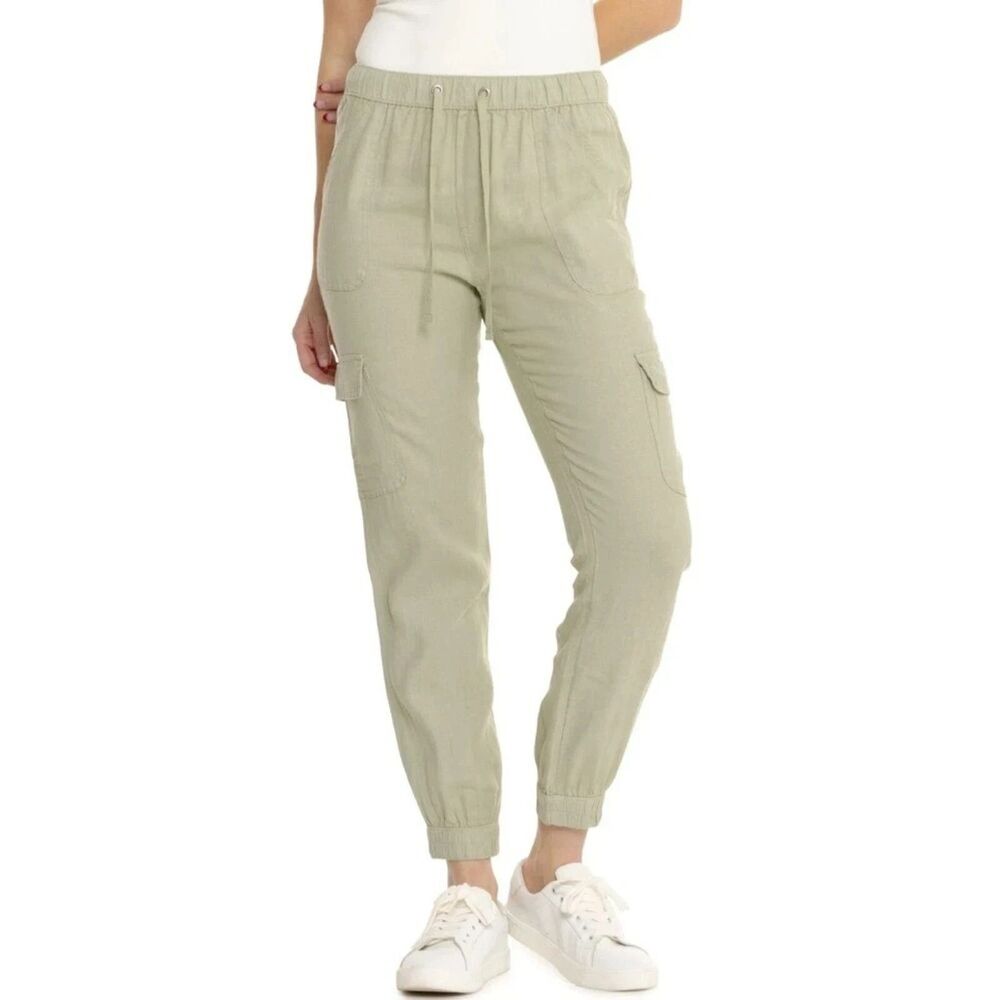Nicole Miller Linen Cargo Jogger Pants Womens sz L Green Washable European Flax